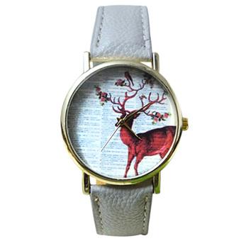 Sanwood Unisex Colorful Sika Deer Faux Leather Band Quartz Analog Wrist Watch Grey  