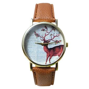 Sanwood Unisex Colorful Sika Deer Faux Leather Band Quartz Analog Wrist Watch Brown  