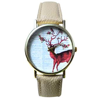 Sanwood Unisex Colorful Sika Deer Faux Leather Band Quartz Analog Wrist Watch Beige  
