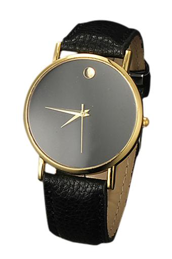 Sanwood Unisex Faux Leather Golden Case Black Band Wrist Watch  
