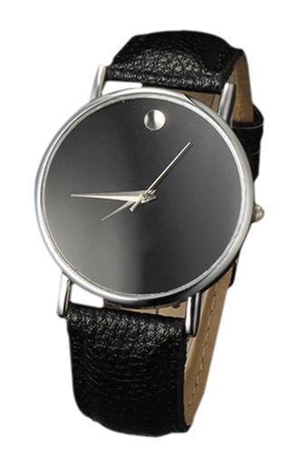 Sanwood Unisex Faux Leather Silver Case Black Band Wrist Watch  