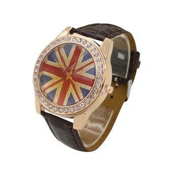 Sanwood Woman's UK Flag Crystal Leather Quartz Wrist Watch Coffee  