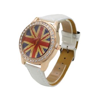 Sanwood Woman's UK Flag Crystal Leather Quartz Wrist Watch White  