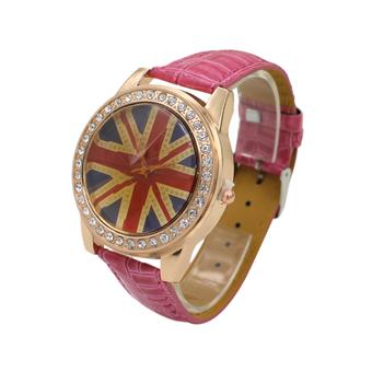 Sanwood Woman's UK Flag Crystal Leather Quartz Wrist Watch Rose Red  