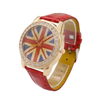 Sanwood Woman's UK Flag Crystal Leather Quartz Wrist Watch Red  