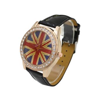 Sanwood Woman's UK Flag Crystal Leather Quartz Wrist Watch Black  