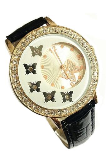 Sanwood Women's Butterfly Crystal Faux Leather Watch Black  