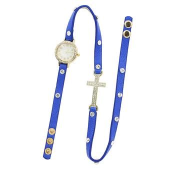 Sanwood Women's Cross Rhinestone Faux Leather Bracelet Quartz Watch Sapphire Blue (Intl)  