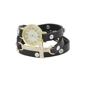 Sanwood Women's Cross Rhinestone Faux Leather Bracelet Quartz Watch Black (Intl)  
