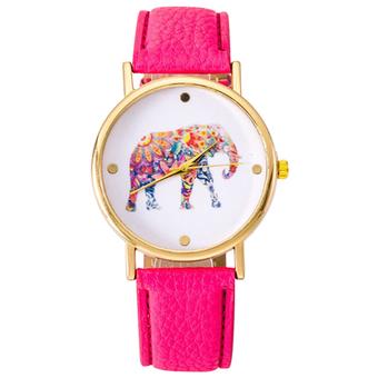 Sanwood Women's Elephant Pattern Golden Case Rose-Red Faux Leather Strap Quartz Wristwatch  