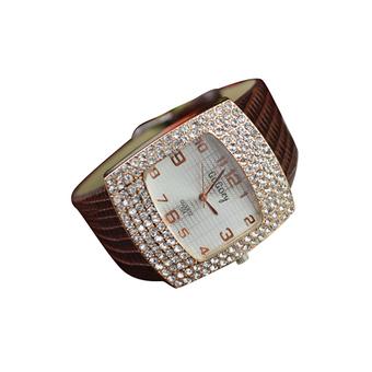 Sanwood Women's Luxury Square Crystal Case Faux Leather Wrist Watch Brown  