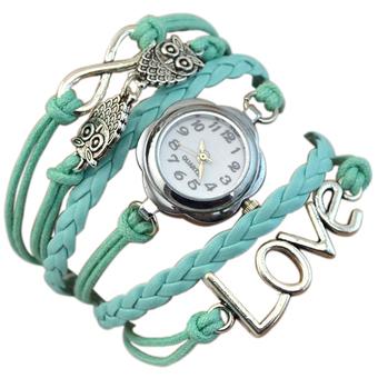 Sanwood Women's Owl Multilayer Faux Leather Quartz Bracelet Watch Light Blue  