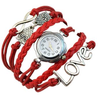 Sanwood Women's Owl Multilayer Faux Leather Quartz Bracelet Watch Red  