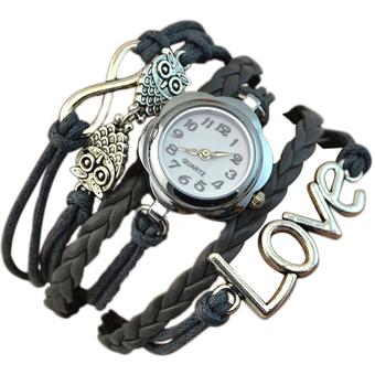 Sanwood Women's Owl Multilayer Faux Leather Quartz Bracelet Watch Dark Grey  
