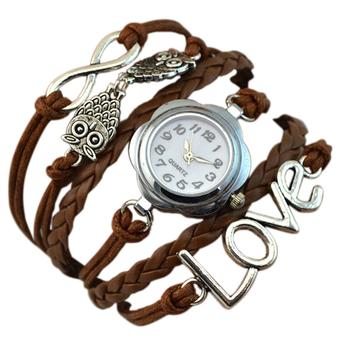 Sanwood Women's Owl Multilayer Faux Leather Quartz Bracelet Watch Coffee  