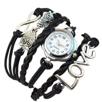 Sanwood Women's Owl Multilayer Faux Leather Quartz Bracelet Watch Black  