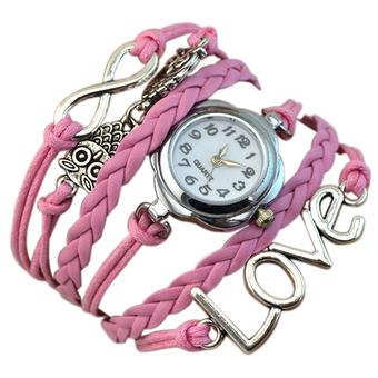 Sanwood Women's Owl Multilayer Faux Leather Quartz Bracelet Watch Pink  