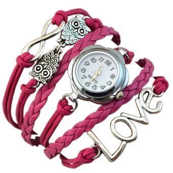 Sanwood Women's Owl Multilayer Faux Leather Quartz Bracelet Watch Rose-Red  
