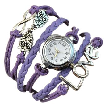 Sanwood Women's Owl Multilayer Faux Leather Quartz Bracelet Watch Purple  