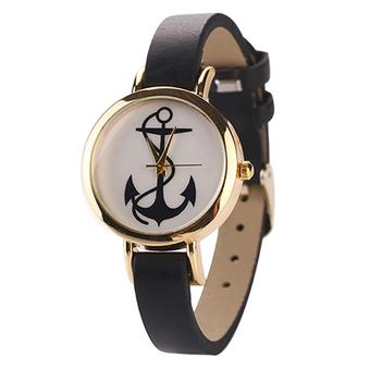 Sanwood Women's Retro Anchor Rose Gold Plated Faux Leather Wrist Watch black  