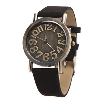 Sanwood Women's Retro Faux Black Leather Strap Quartz Wrist Watch  