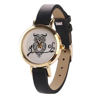 Sanwood Women's Retro owl Rose Gold Plated Faux Leather Wrist Watch black  