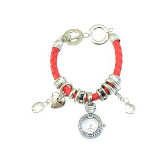 Sanwood Women's Rhinestone Charm Faux Leather Braided Bracelet Watch Red  