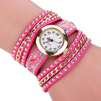Sanwood Women's Star Rhinestone Rivet Wrap Bracelet Wrist Watch Rose Red (Intl)  