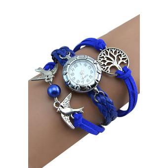 Sanwood Women's Vintage Life Tree Birds Charm Leather Bracelet Wrist Watch Sapphire Blue  