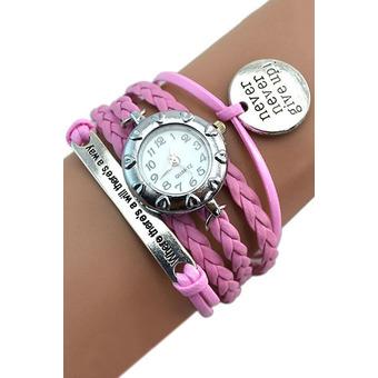 Sanwood Women's Vintage Motto Never Give Up Charm Beacelet Wristwatch Pink  