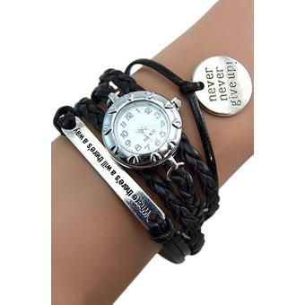 Sanwood Women's Vintage Motto Never Give Up Charm Beacelet Wristwatch Black  