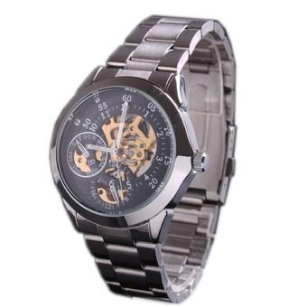 Skeleton Automatic Mechanical Silver Stainless Steel Band Wrist Watch 000017 Black  