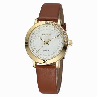 Skone Heart Pattern Rhinestone Gold Dial Quartz Watches Women Stylish Hardlex Leather Strap Lady Fashion Watch Relogio Feminino(brown) (Intl)  