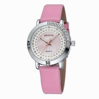 Skone Heart Pattern Rhinestone Gold Dial Quartz Watches Women Stylish Hardlex Leather Strap Lady Fashion Watch Relogio Feminino(pink) (Intl)  