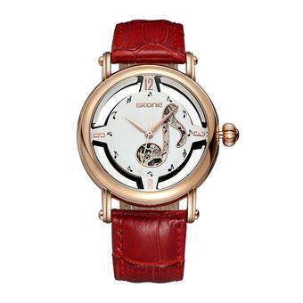 Skone Luxury Hardlex Notes Rose Gold Case Genuine Leather Strap Automatic Self-Wind Mechanical Watches Women Relogio Feminino—Red Gold (Intl)  