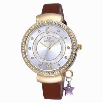 Skone Yellow Gold Rhinestone Big Dial Fashion Leather Strap Watches Women Brand Analog Quartz Movt Lady Watch with Star Pendant(Coffee) (Intl)  