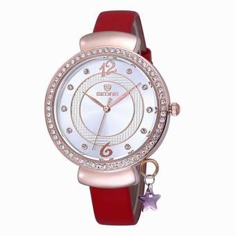 Skone Yellow Gold Rhinestone Big Dial Fashion Leather Strap Watches Women Brand Analog Quartz Movt Lady Watch with Star Pendant(Red) (Intl)  