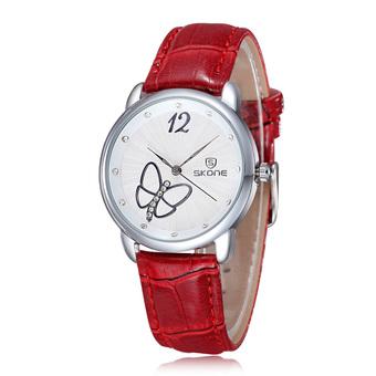 Skone lady fashion pink color stainless steel watch Japan quartz movement PU band watch red (Intl)  