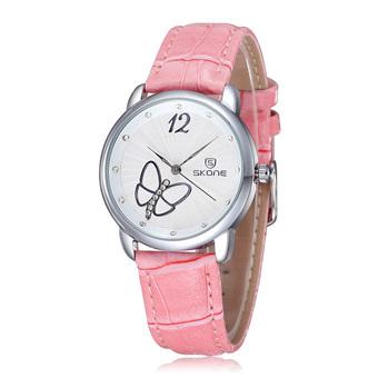 Skone lady fashion pink color stainless steel watch Japan quartz movement PU band watch pink (Intl)  