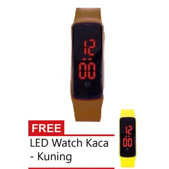 Sky LED Watch Kaca - Jam Tangan Pria - Coklat - Tali Karet + Gratis 1 Pcs Sky LED Watch - Kuning  