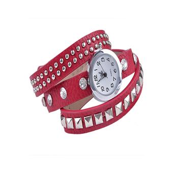 Sunweb Women Retro Fashion Rivet Synthetic Leather Strap Bracelet Watch (Red)  