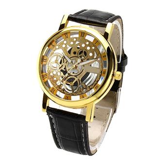 Unisex Roman Numerals Black Golden Faux Leather Dial Watch  