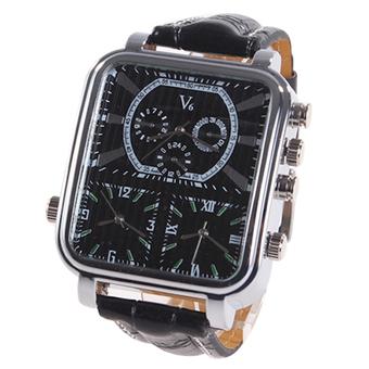 V6 Jam Tangan Pria - Triple Time Black Rectangle - Faux Leather Strap - 642270 - Hitam  