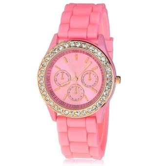 Vanker Geneva Silicone Golden Crystal Stone Quartz Ladies Women Girls Wrist Jelly Watch Pink  