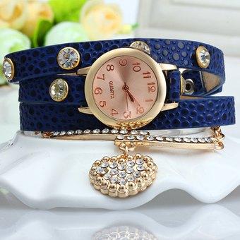 Vintage Leopard Leather Wrap Bracelet Wrist Women Watch with Heart Pendant Rhinestone (Blue) - Intl  