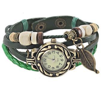 Vintage Style Special Women Lady Gift PU Leather Quartz Analog Wrist Bracelet Bangle Watch Wristwatch With Leaves Shape Pendant Green  