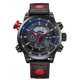 WEIDE WH-3401 Men' Luxury Genuine Leather Strap Quartz Digital LCD Back Light Military Sport Wristwatch Black With Red  