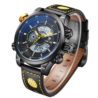 WEIDE WH-3401 Men' Luxury Genuine Leather Strap Quartz Digital LCD Back Light Military Sport Wristwatch - Black + Yellow (Intl)  
