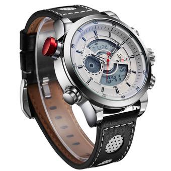 WEIDE WH-3401 Men' Luxury Genuine Leather Strap Quartz Digital LCD Back Light Military Sport Wristwatch - White + Silver  