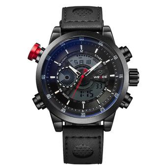WEIDE WH-3401 Men' Luxury Genuine Leather Strap Quartz Digital LCD Back Light Military Sport Wrist Watch Black With White  